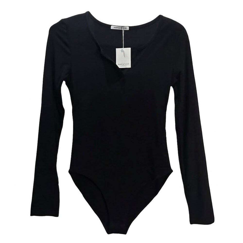 NWT | MANGOPOP Long Sleeve Bodysuit | Notched Henley V-Neck | Onyx Black | XS
